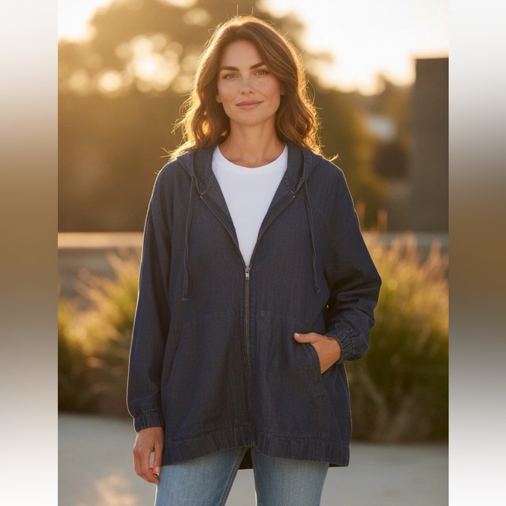 ROAMANS BLUE DENIM PLUS SIZE 32 3X COTTON HOODED ZIPPER PULL TIES POCKETS